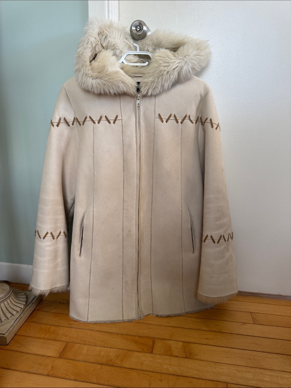 Women's Cream Hooded Shearling Coat